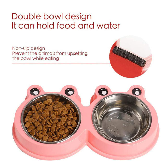 Double Dog Cat Bowls Cute Modeling No-Slip Stainless Steel Pet Bowls-Pink