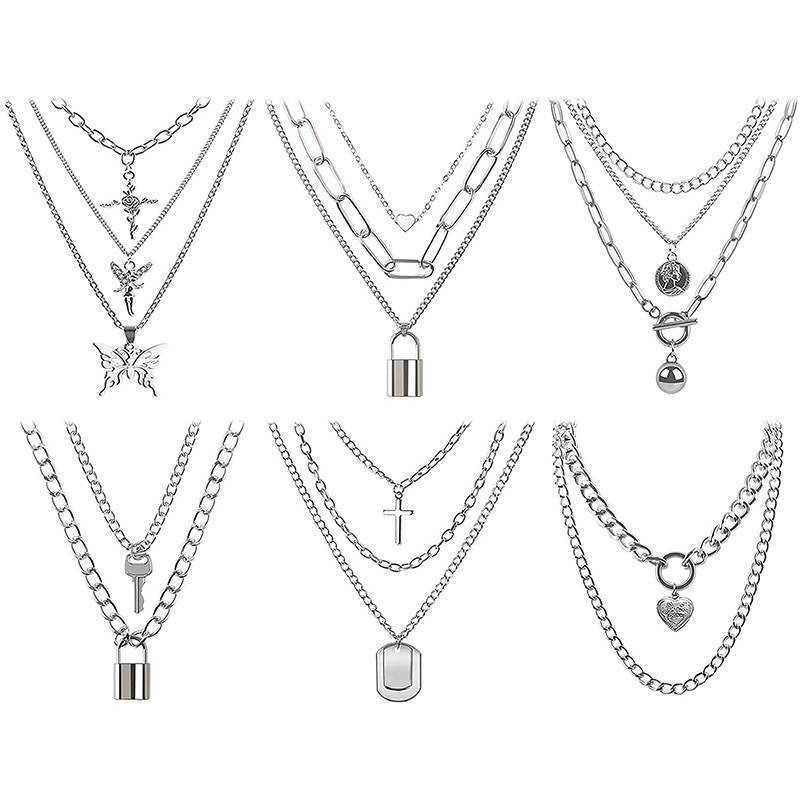 Set of 6 Punk Multilayer Pendants Necklace for Women Teen Girls-C