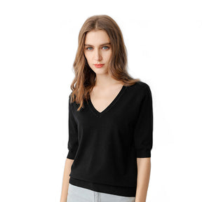 Womens V Neck Sweaters Soft Tops Knit Casual Solid Pullover-Black