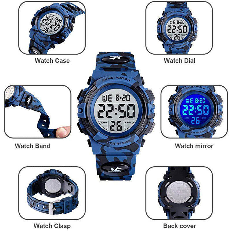 Kids Camouflage Digital Watch Outdoor Sports Waterproof Electronic Watches-DarkBlue