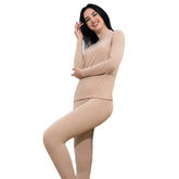 Womens Soft Thermal Underwear Set Plush Lined Half Turtleneck-Skin Color