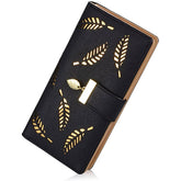 Womens Long Leaf Bifold Wallet Leather Zipper Buckle Elegant Clutch-Black