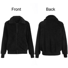 Womens Sherpa Fleece Jackets Lapel Zip Up Winter Warm Crop Outwear-Black