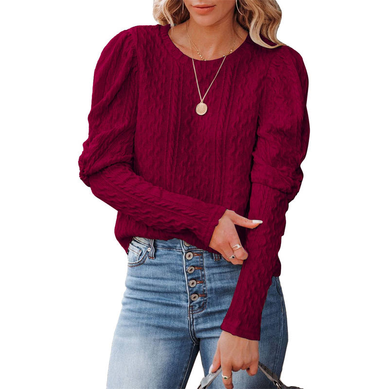 Womens Long Sleeve Sweaters Solid Color Jacquard Weave Round Neck Knit Tops-WineRed