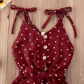 Baby Girl Clothes Self Tie Sleeveless Romper Heart Shape Print Jumpsuit-WineRed