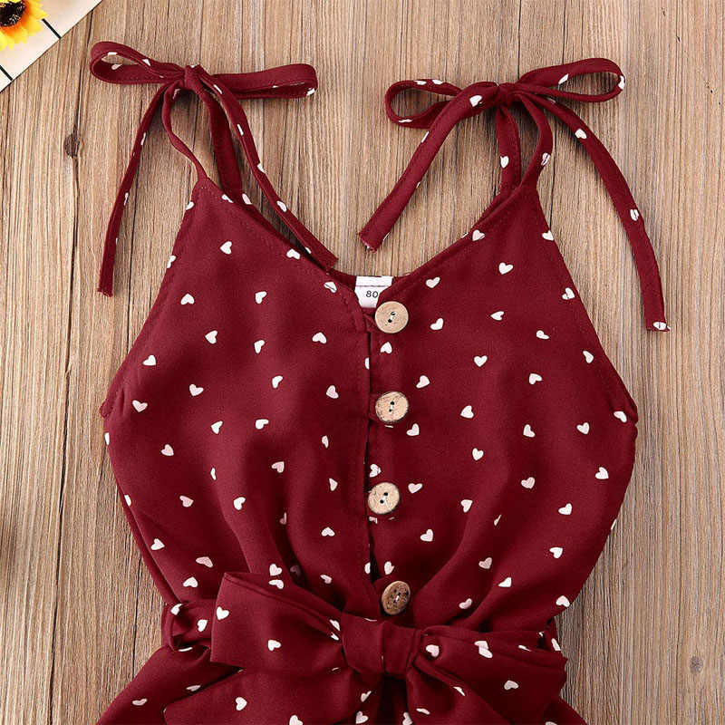 Baby Girl Clothes Self Tie Sleeveless Romper Heart Shape Print Jumpsuit-WineRed