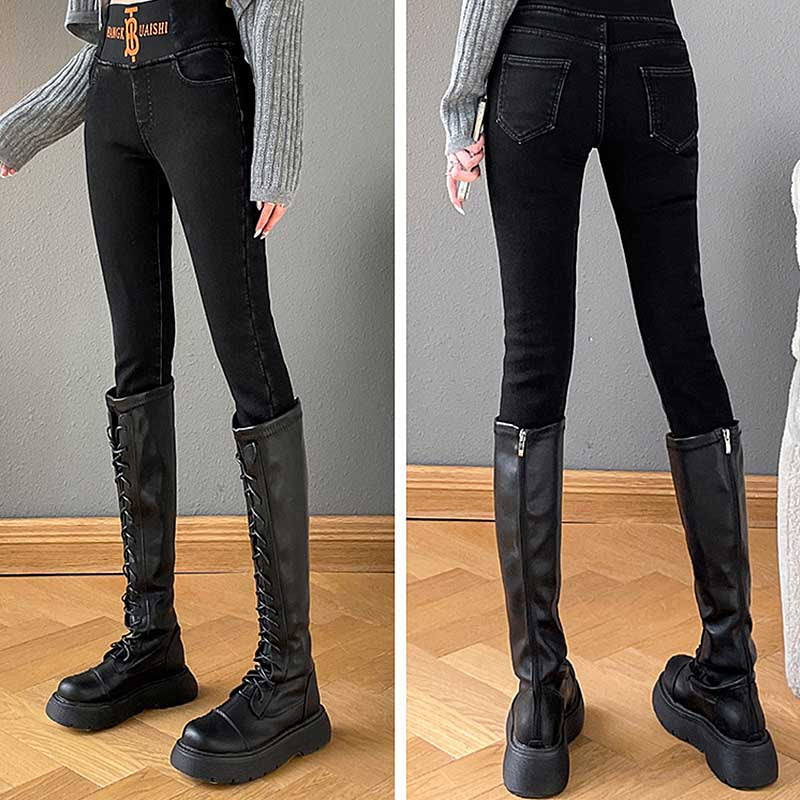 Womens Jeggings Stretch Tummy Control Jean Legging with Pockets-Black