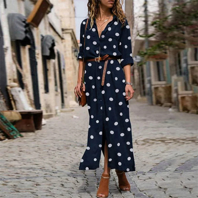 Ladies Polka Dot Long Sleeve Vertical Collar Shirt Dress-DarkBlue