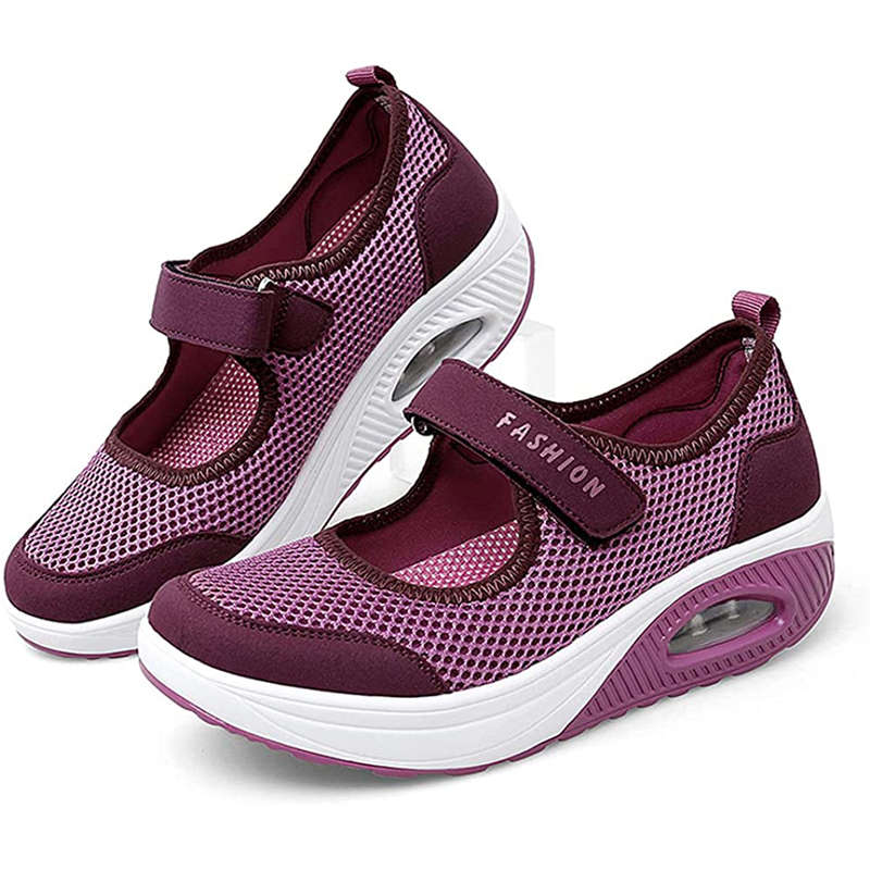 Women Casual Air Cushion Sneakers Velcro Mary Jane Shoes-Rose Red