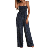 Ladies Polka Dot Spagettic Strap Wide Leg Jumpsuits-DarkBlue