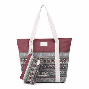 Womens Canvas With Pattern Handbag With Purse-Red Wine