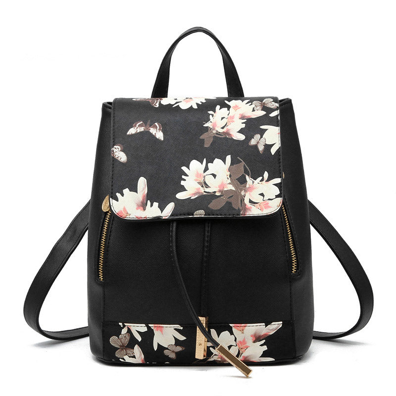 Fashion PU Leather Women Backpack Anti-theft Travel Bag-Flower Black