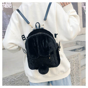 Women Cute Rabbit Ears Backpack Fluffy School Bag Satchel-Black