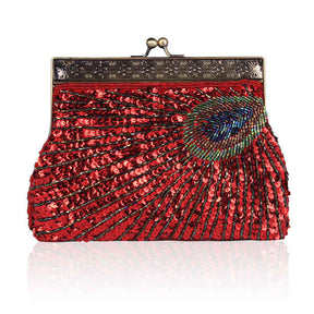 Peacock Clutch Sequined Beaded Evening Handbag-Red