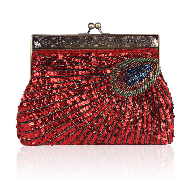 Peacock Clutch Sequined Beaded Evening Handbag-Red