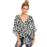 Boho Womens Blouse V Neck Tie Knot 3/4 Sleeve Summer Casual Tops-Leopard4