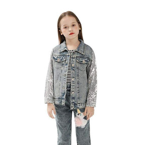 Kids Unicorn Jean Jacket Toddler Girls Denim Coat with Sparkly Sleeve-Blue