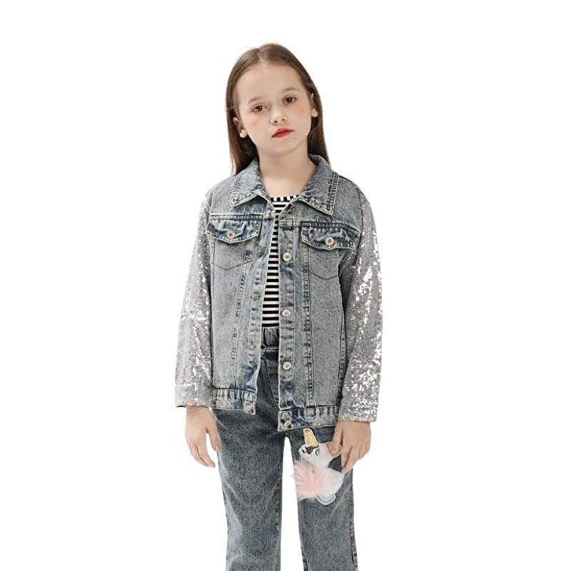 Kids Unicorn Jean Jacket Toddler Girls Denim Coat with Sparkly Sleeve-Blue