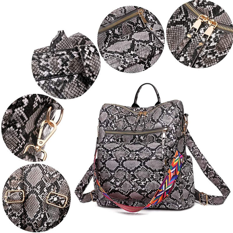 Fashion Backpack Multipurpose Print Leather Travel Shoulder Bag-Grey Snake Pattern