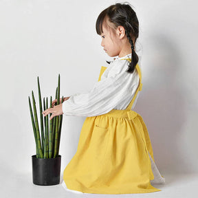 Girls Linen Cotton Apron Adjustable Bib for Cooking Painting-Yellow