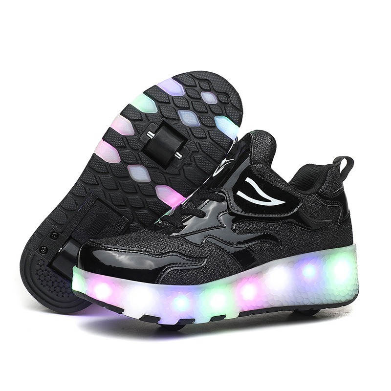 Kids LED Roller Skates Fashion Sneakers with Double Wheel-E67-Black