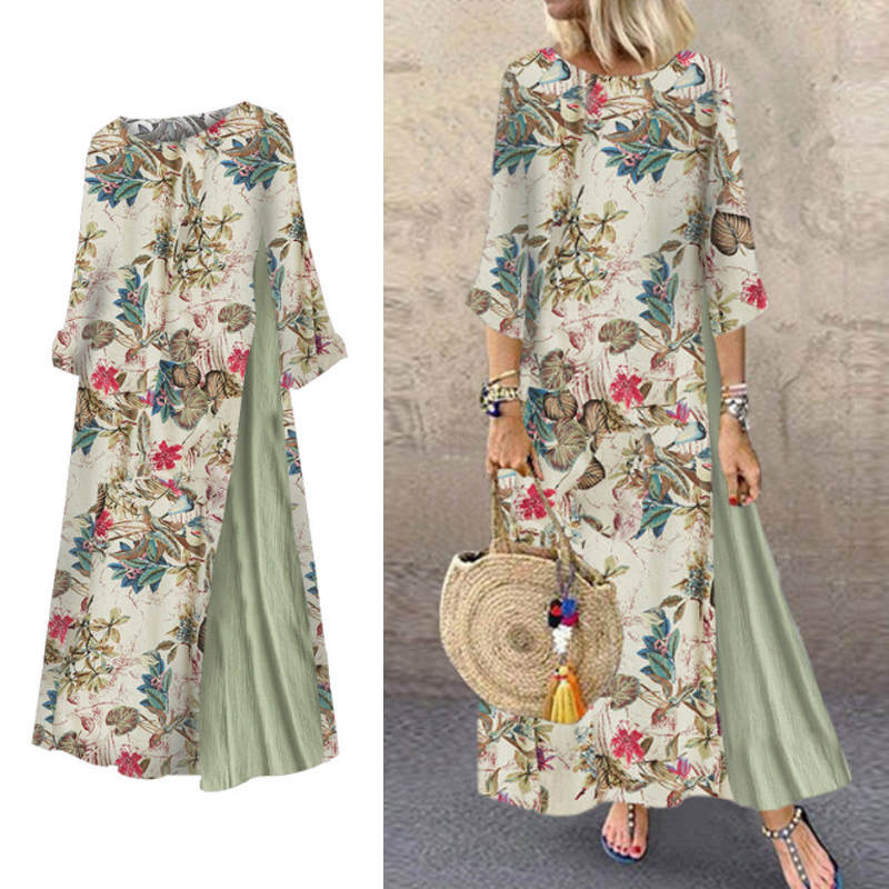 Womens Long Dress 3/4 Sleeve Flowy Floral Casual Dress for Summer-Green