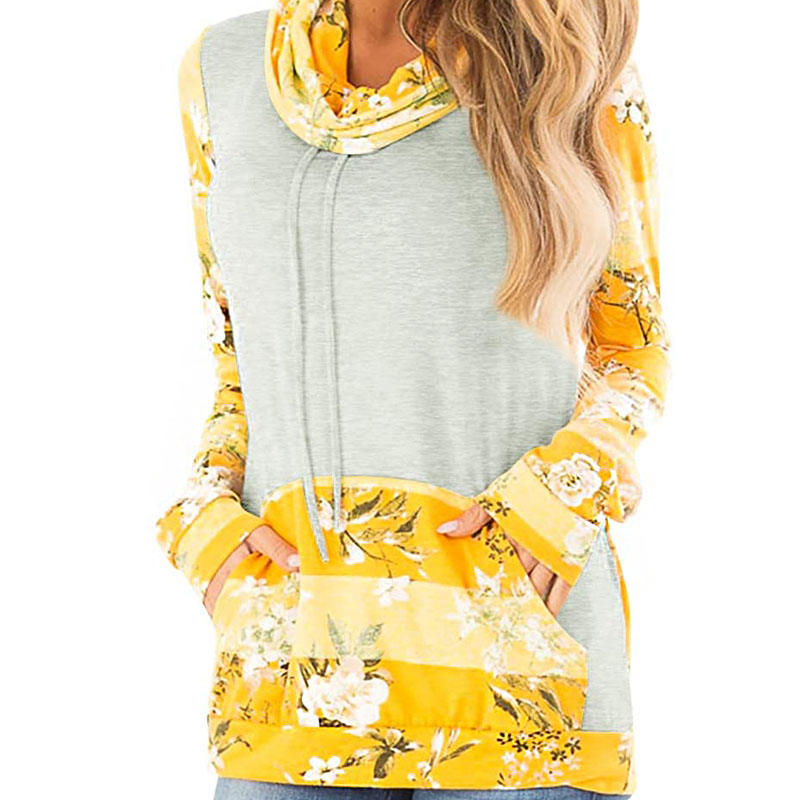 Womens Striped Floral Stack Neck Sweatshirt with Pockets-Yellow