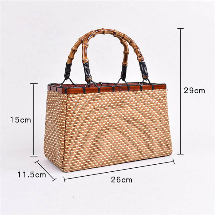 Retro Womens Bamboo Handbag Handmade Large Tote Bag Wicker Basket Bag-Beige