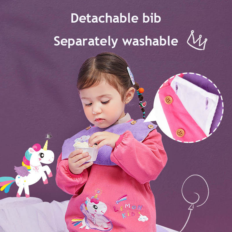 Cartoon Kids Corduroy Smock Detachable Bib for Drawing Cooking-Peach Pink Unicorn