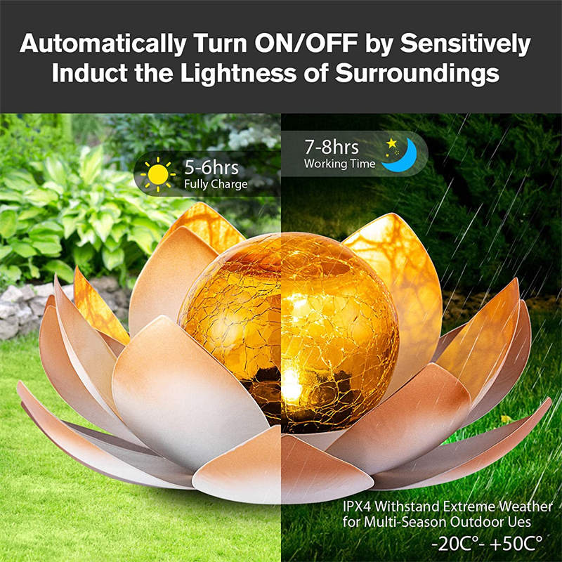 Solar Powered Lotus Lights Art Cracked Glass Ball Waterproof Garden Light for Pathway Lawn Patio