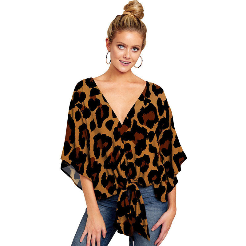 Boho Womens Blouse V Neck Tie Knot 3/4 Sleeve Summer Casual Tops-Leopard2