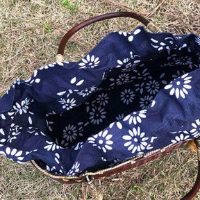 Retro Weave Womens Bamboo Handbag Handmade Large Tote Bag Wicker Basket Bag-White Flower