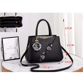 Embroidered Women Top Handle Satchel Fashion Shoulder Bags with Hairball-Black