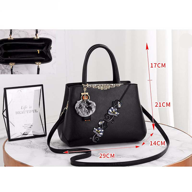 Embroidered Women Top Handle Satchel Fashion Shoulder Bags with Hairball-Black