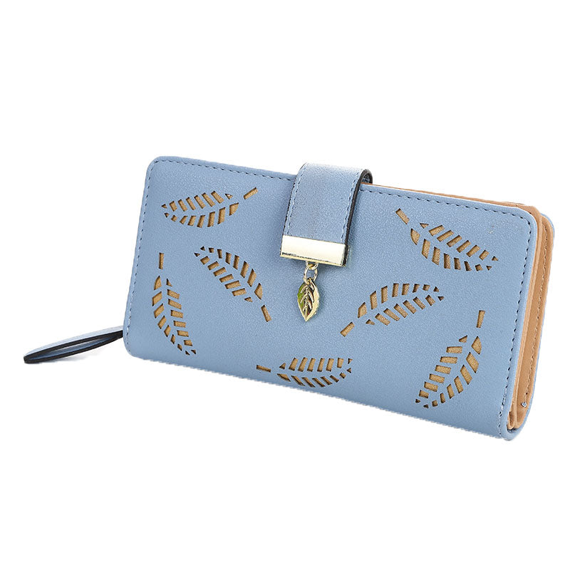 Womens Long Leaf Bifold Wallet Leather Zipper Buckle Elegant Clutch-Blue