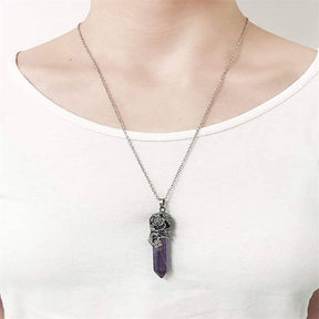 Antique Silver Flower Wrapped Crystal Necklace-Purple