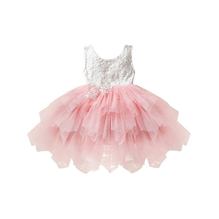 Little Girl Lace Flower Tutu Dress Backless Wedding Flower Girl Dress-Pink