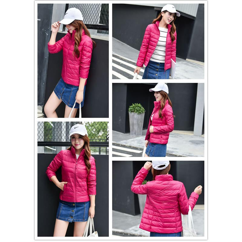 Lookbook Womens Lightweight Puffer Jacket Winter Stand Collar Short Coat-Rose Red