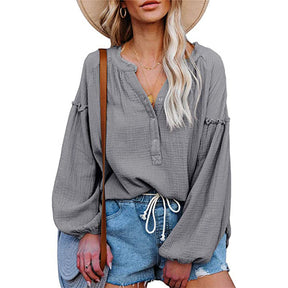 Womens Deep V Neck Lantern Sleeve Blouse Button Down Pullover Tops-Grey