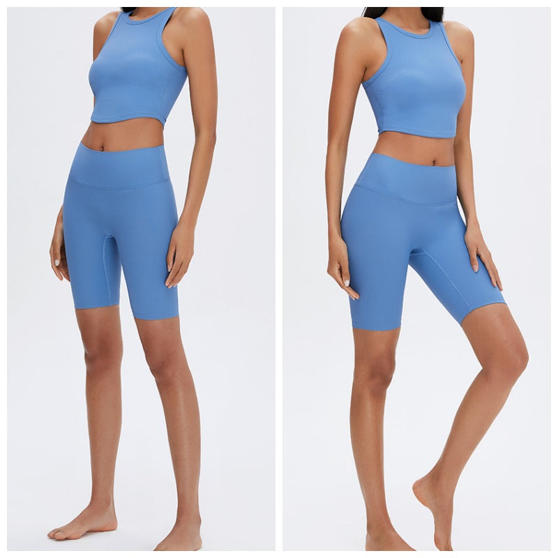 Rib-Knit Crop Tank Tops Removable Padded Quick Dry Sports Bras-Blue