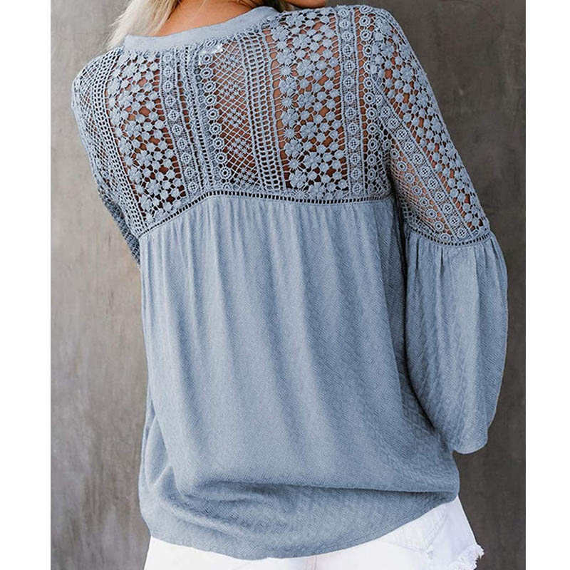 Womens V-neck Lace Crochet Shirt Flare Sleeve Buttoned Blouses-Sky Blue