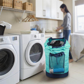 Backpack Laundry Bag With Shoulder Straps And Mesh Pocket Durable Nylon Clothes Bag for College Travel Laundromat -Sky Blue