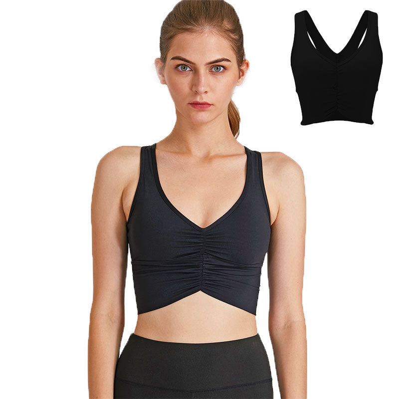 Medium Support Sports Bra Scrunched Front Fitness Racerback Vest-Black