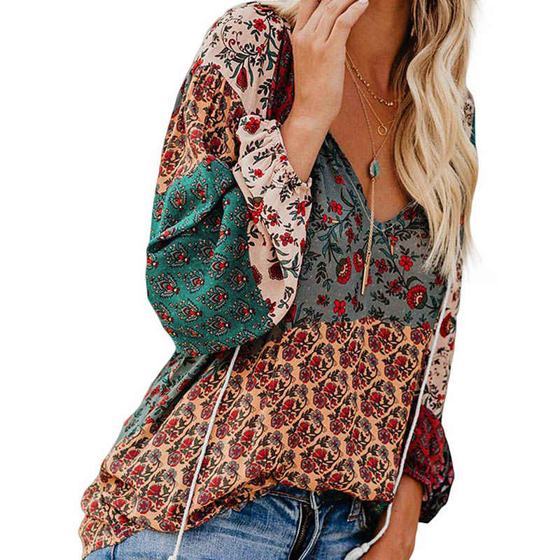 Womens V-neck Casual Boho Floral Print Long Sleeve Shirts-Gray2