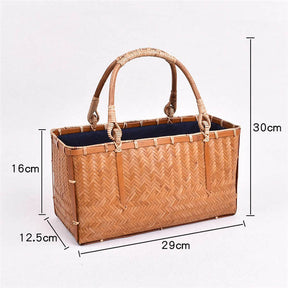 Retro Womens Bamboo Handbag Handmade Large Tote Bag Wicker Summer Straw Basket Bag-Orange