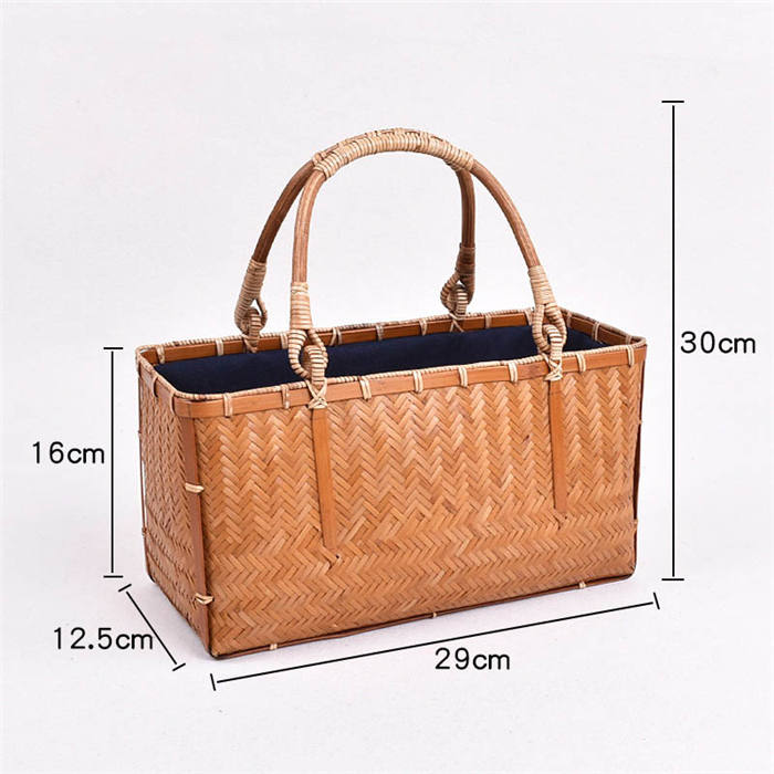 Retro Womens Bamboo Handbag Handmade Large Tote Bag Wicker Summer Straw Basket Bag-Orange