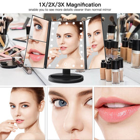 Tri-Fold Lighted Vanity Mirror with 22 LED Lights 3X/2X/1X Magnification Make Up Mirror-Black