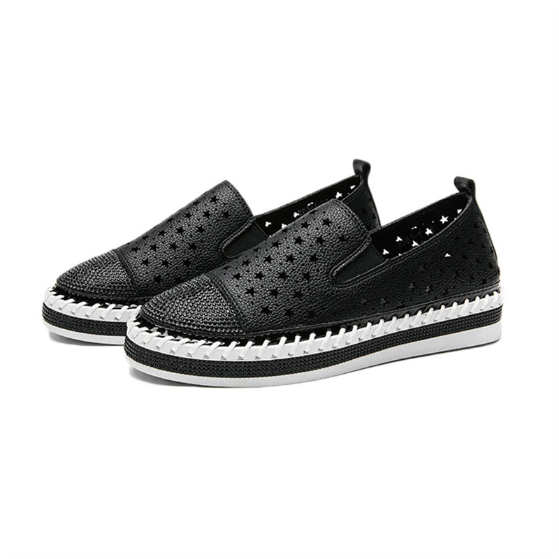 Womens Cutout Loafer with Diamond  Flat Slip on Sneakers-Black