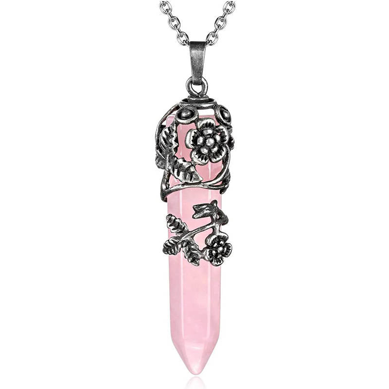 Antique Silver Flower Wrapped Crystal Necklace-Pink