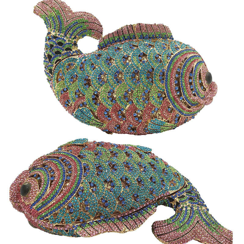 Mini Women Fish Evening Bags Crystal Clutch Purse Rhinestone Handbags with Chain-16A